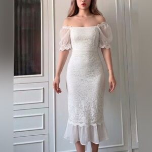 Off-Shoulder White Lace Midi Dress with Sheer Puff Sleeves